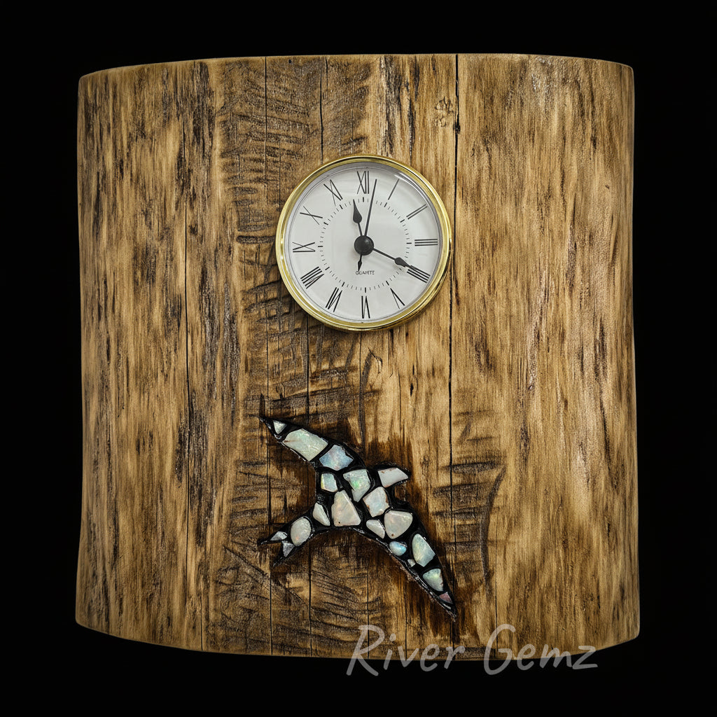 Wooden wall art with a clock and abstract design, branded 'River Gemz'.