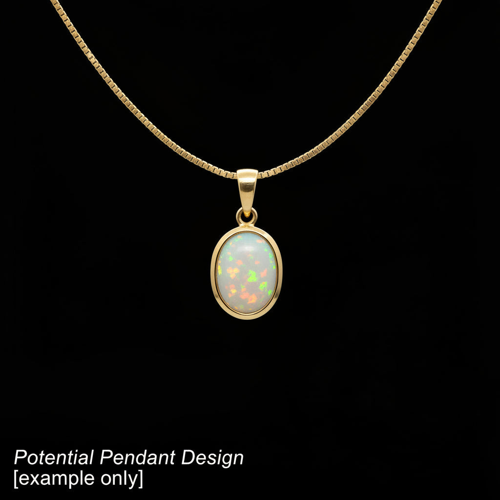 Gold necklace with a pendant featuring a greenish opal stone on a black background