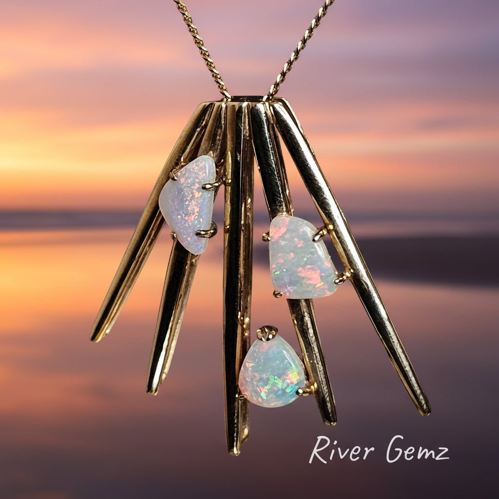Three crystal colourful opals claw set in 14K yellow gold pendant.