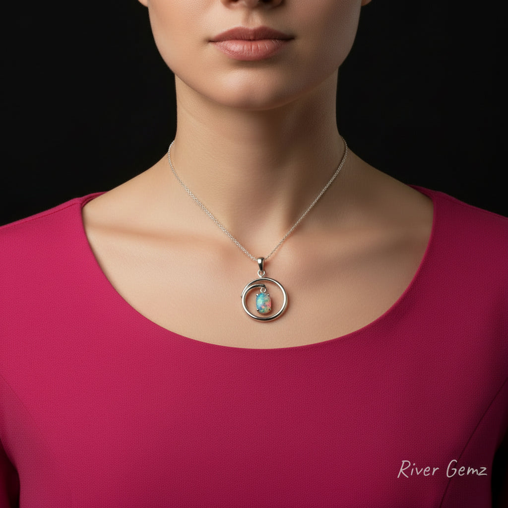 Firy reds amongst this multicoloured black opal claw set in circular sterling silver pendant.