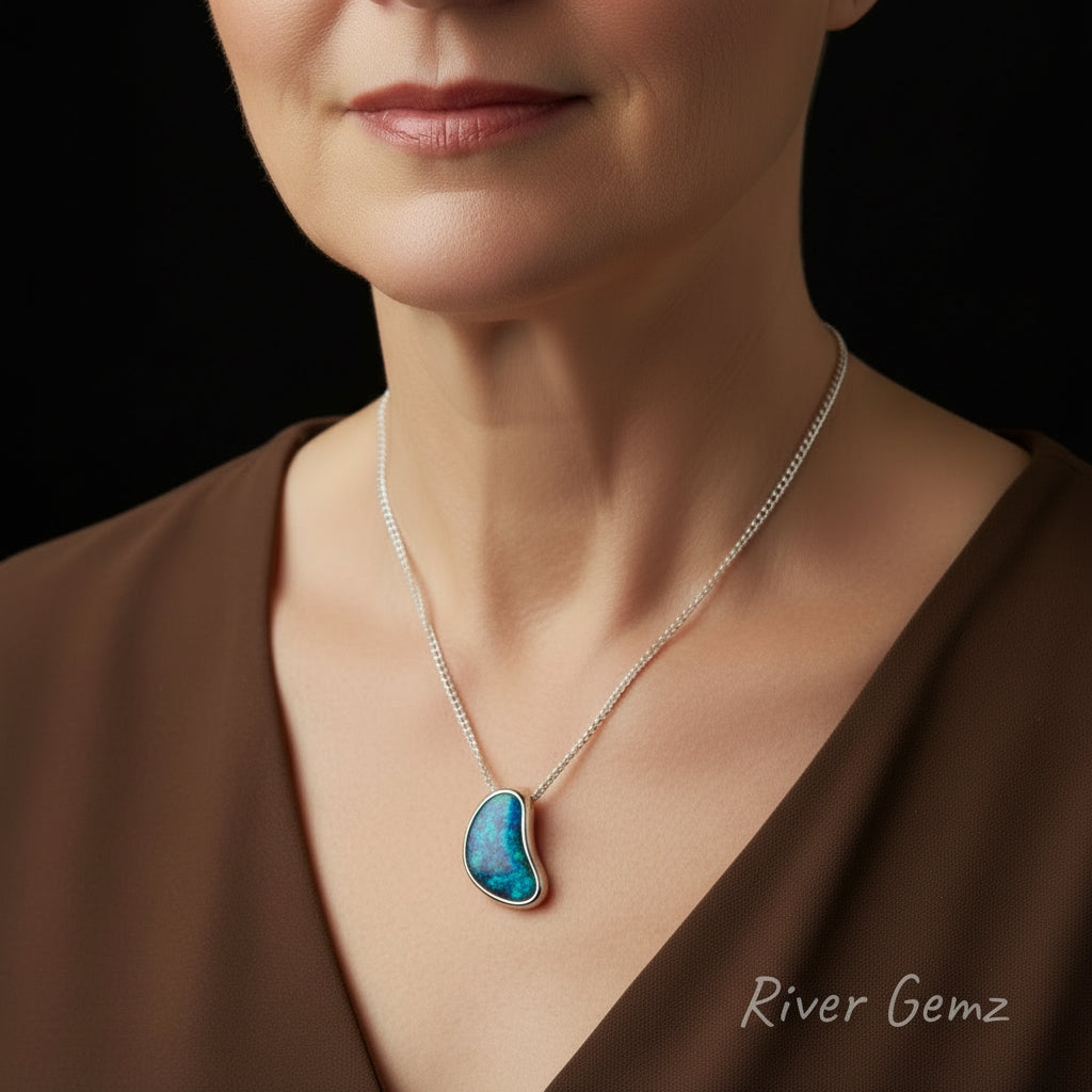 Swirls of blue and green colour like an ocean image throughout the boulder opal in this sterling silver pendant shown being worn by a woman.