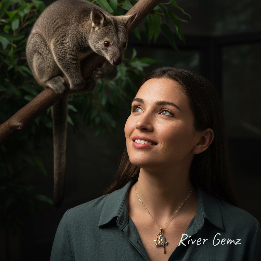 Gold and silver pendant of a tree kangaroo worn by a lady staring up at a tree kangaroo in a tree.