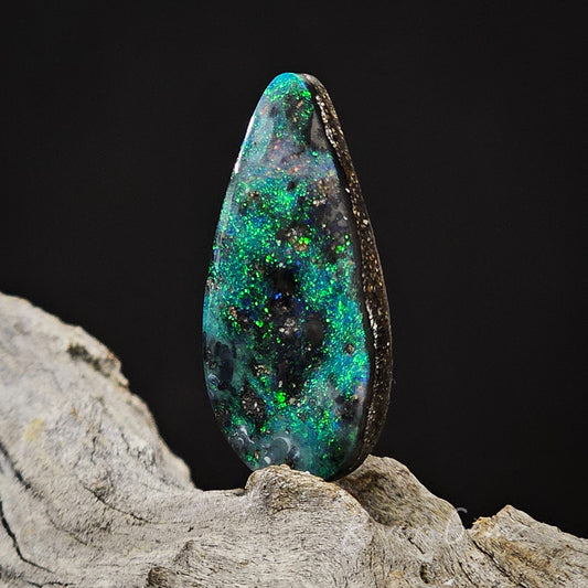 Boulder opal stands erect on a light-grey weathered piece of wood. Ironstone host rock is visible. Black backdrop in the photo.