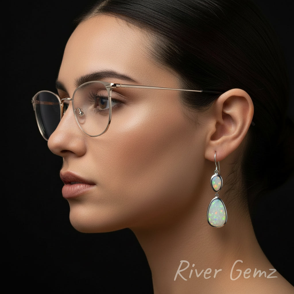 Opal earrings worn by woman with 'River Gemz' branding.