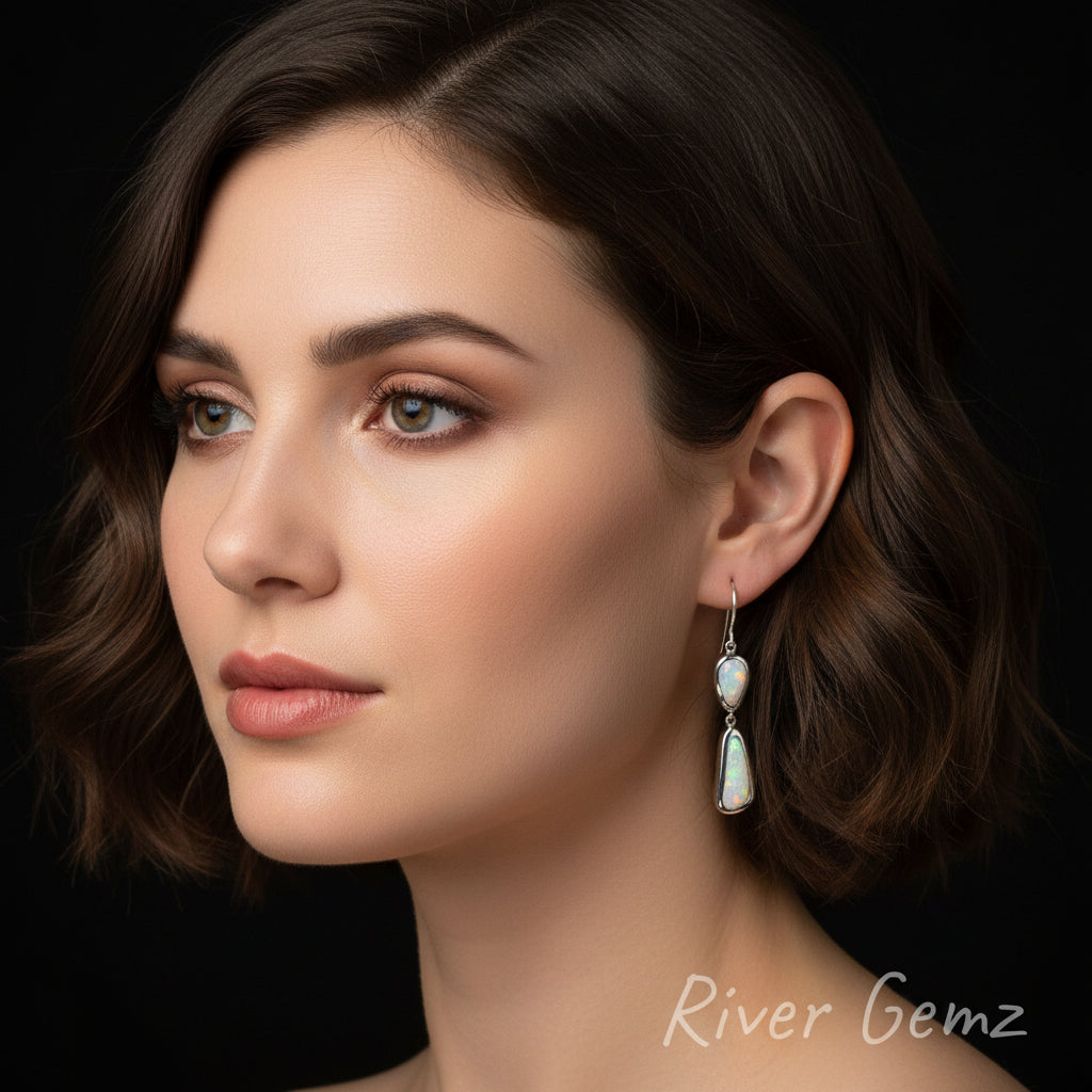Pair of white opal shepherd hook earrings worn by a woman with 'River Gemz' branding.
