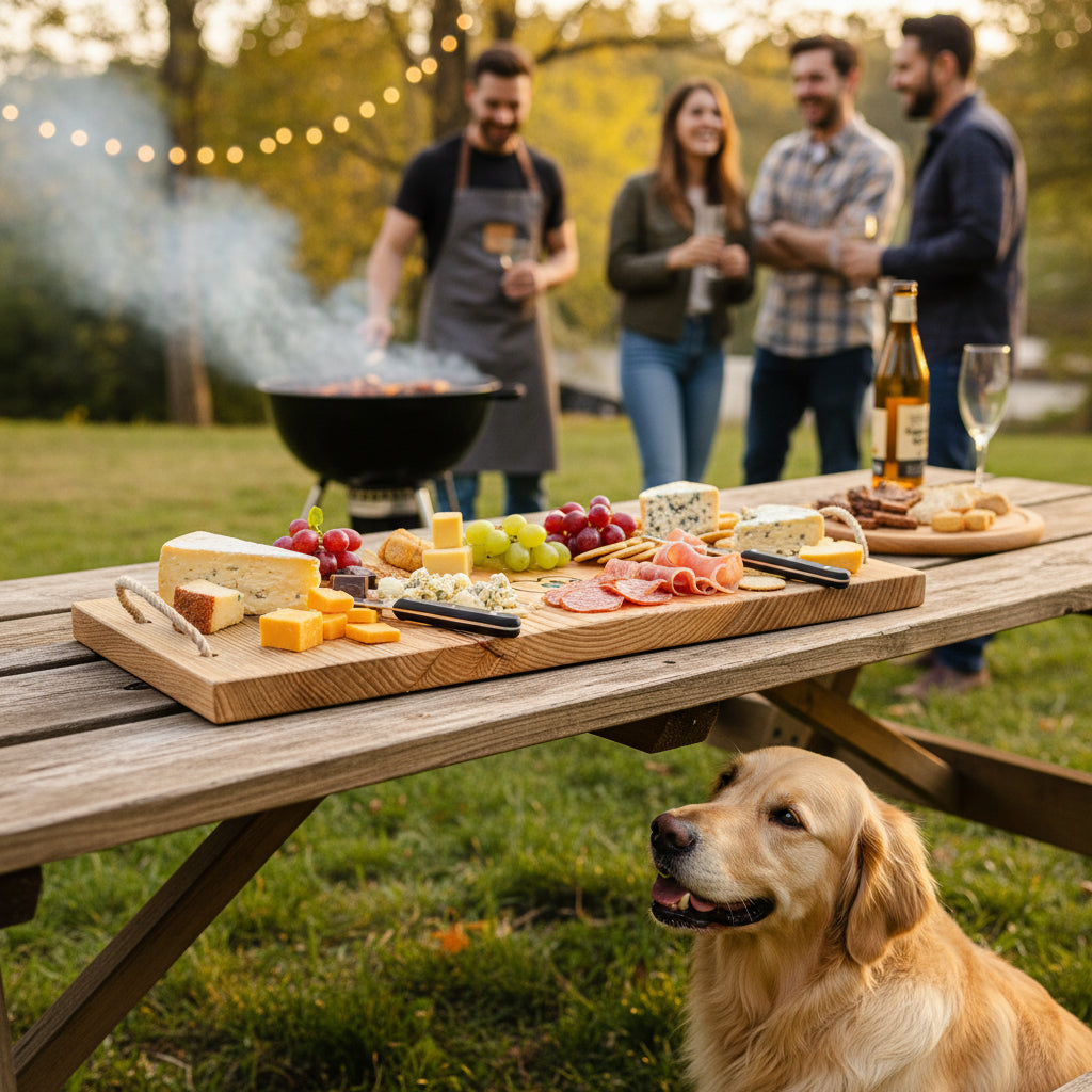 Picnic setup with a wooden table, food, and people in the background