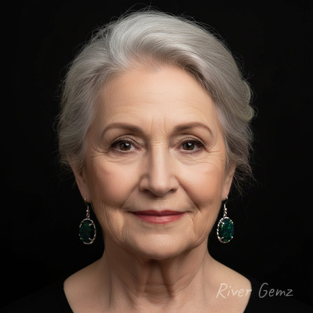 Elderly woman shown modelling the hook earrings.
