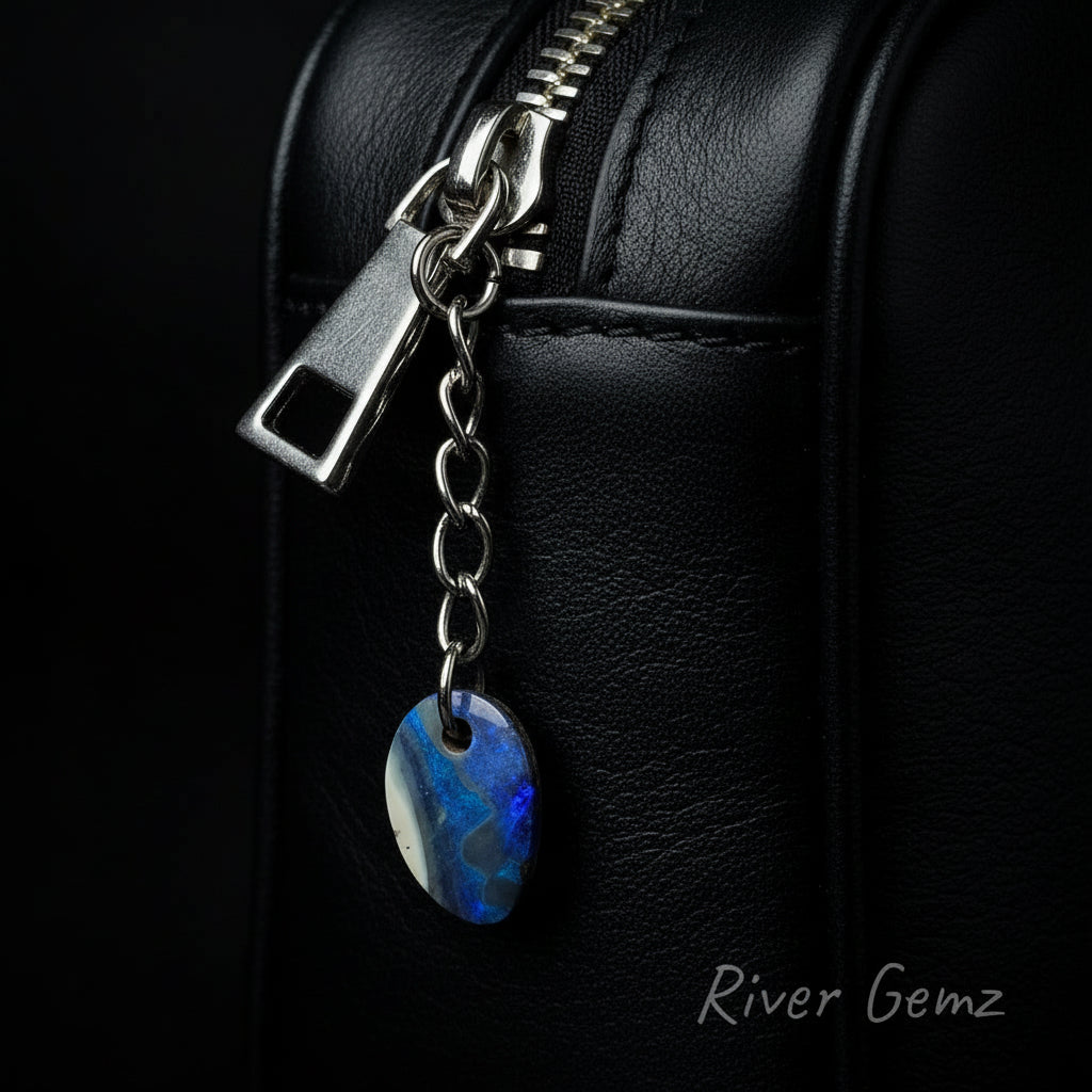 Chain with a blue opal attached to a handbag zipper on a dark background.