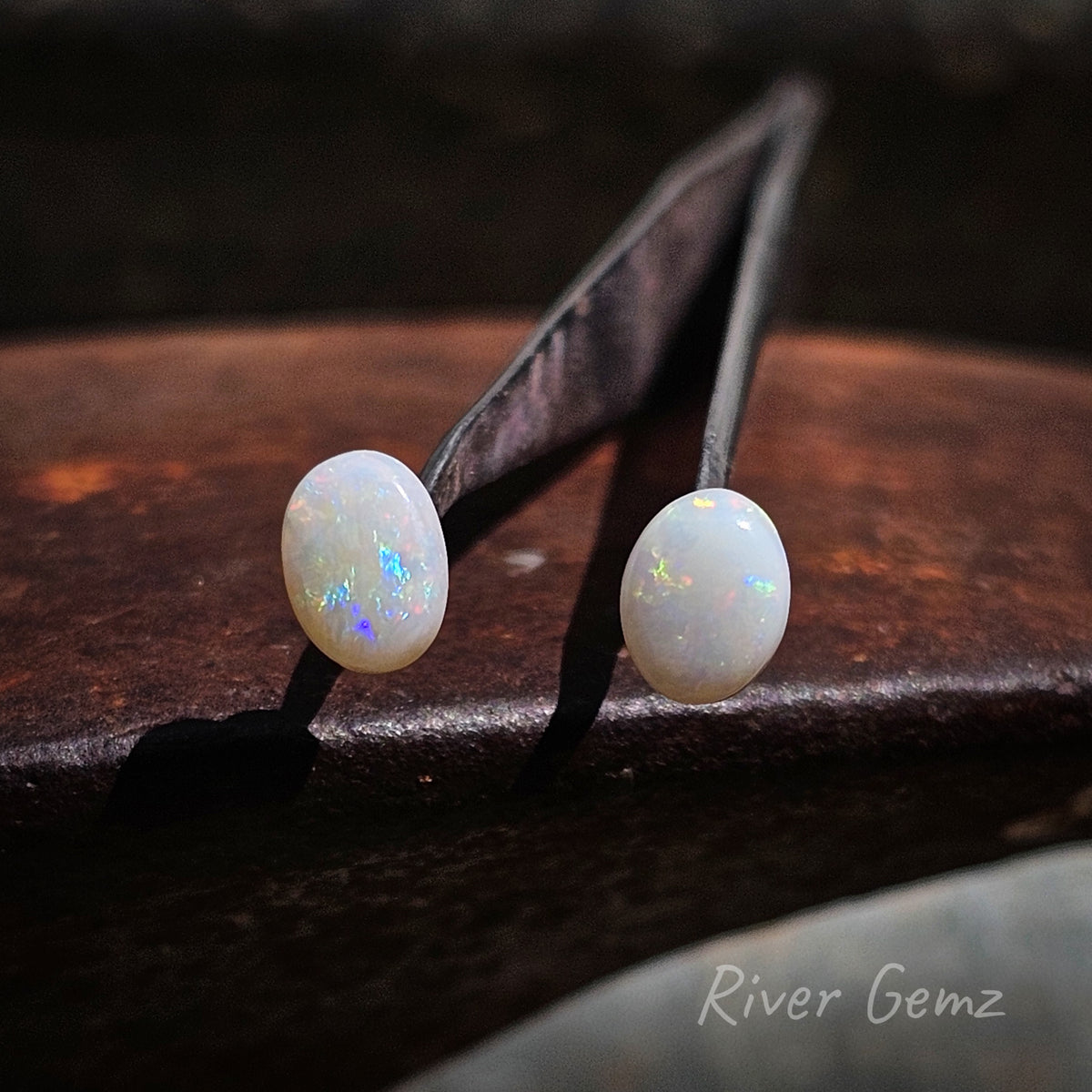 Oval shaped white opals with small flecks of different colours on a brown surface and 'River Gemz' watermark in the bottom right hand corner.