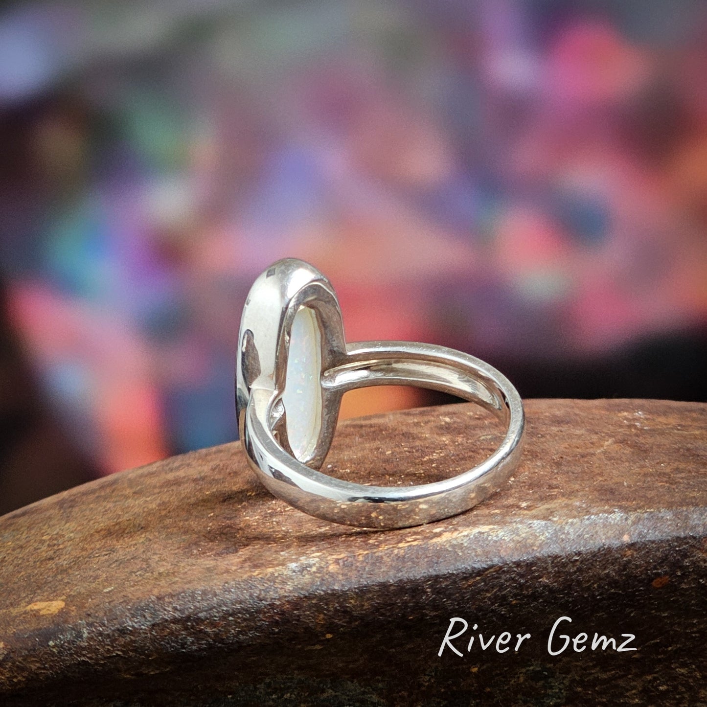 Rear view of the ring showing the solid white opal.