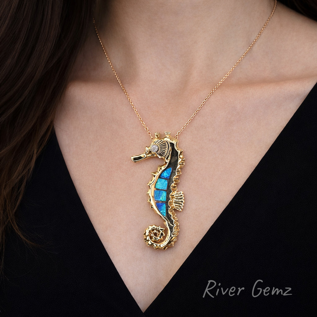 Crystal Opals and Diamond in 14K Seahorse Pendant [#271]