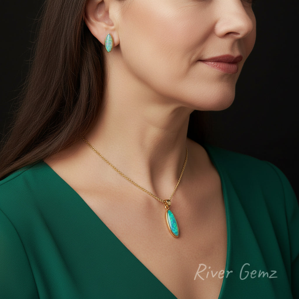 Opal jewelry set being modelled by a woman branded 'River Gemz'.
