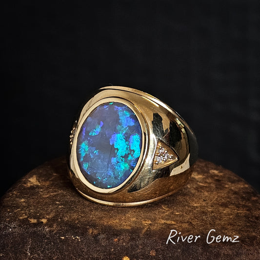 Lightning Ridge Black Crystal Opal and Diamonds 14K Ring [#782]