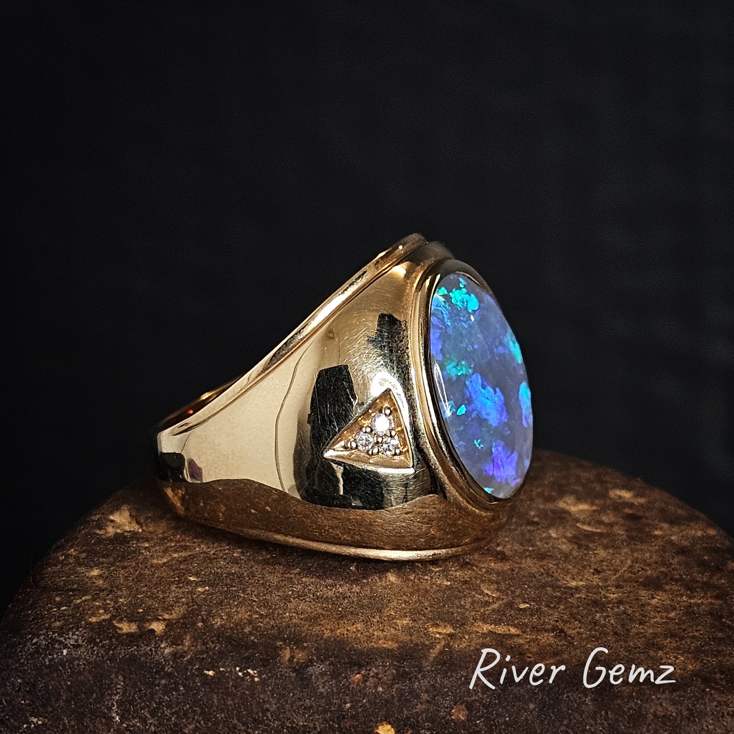 Lightning Ridge Black Crystal Opal and Diamonds 14K Ring [#782]
