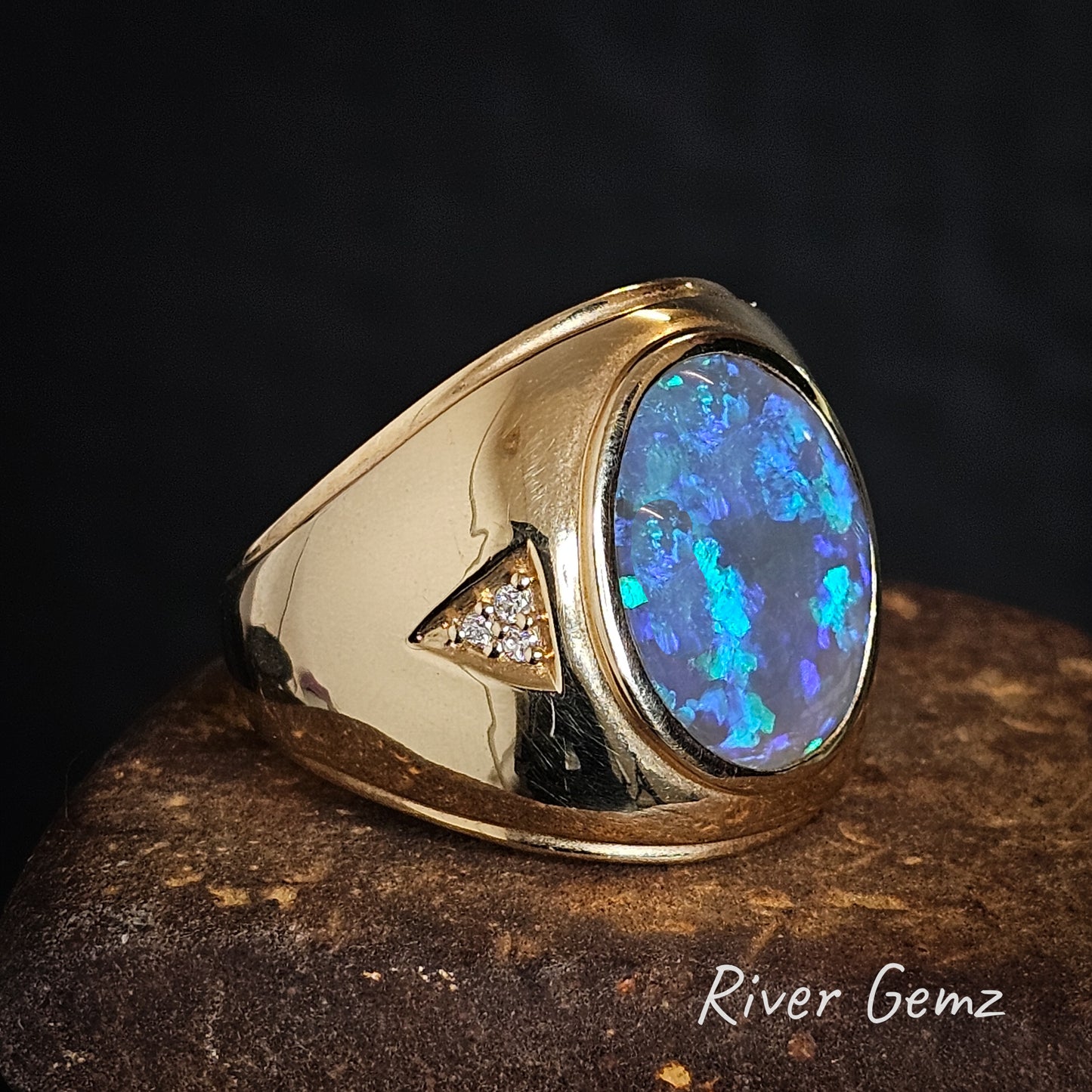 Lightning Ridge Black Crystal Opal and Diamonds 14K Ring [#782]