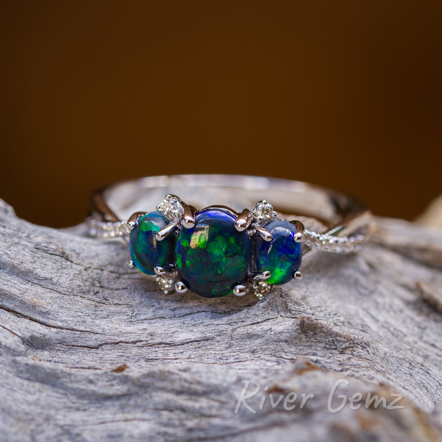 Lightning Ridge Black Opals and Diamonds in 18K Ring [#142]