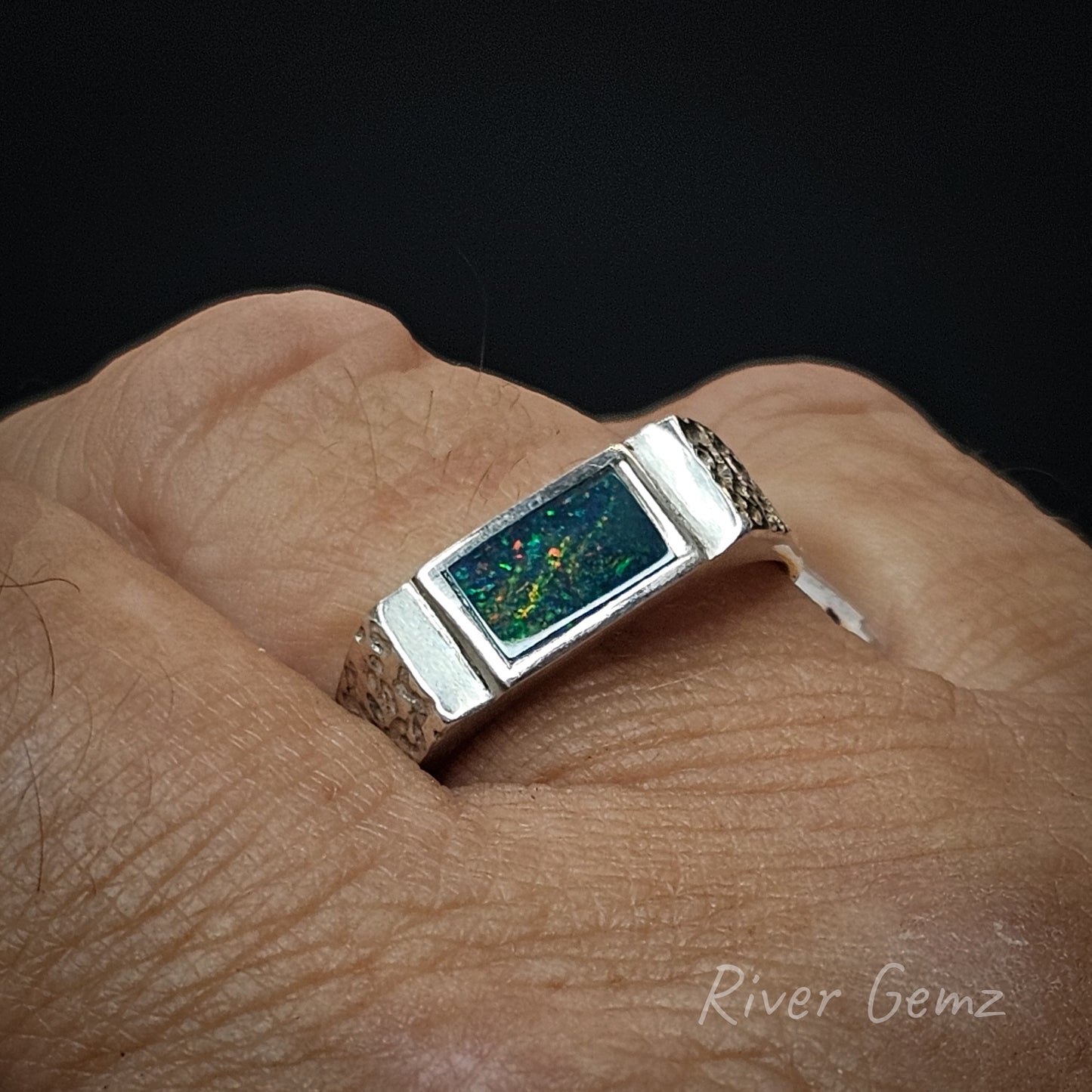 Lightning Ridge Black Opal in Sterling Silver Ring [#3112]