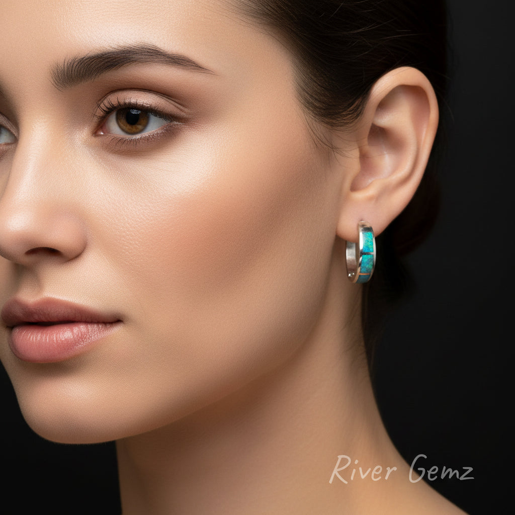 Opal loop earrings being worn by a lady.