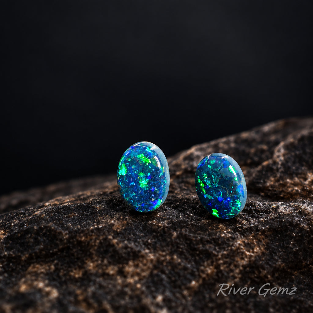 Pair of unset black opals with blue and green colours being held on the end of a pair of tweezers.