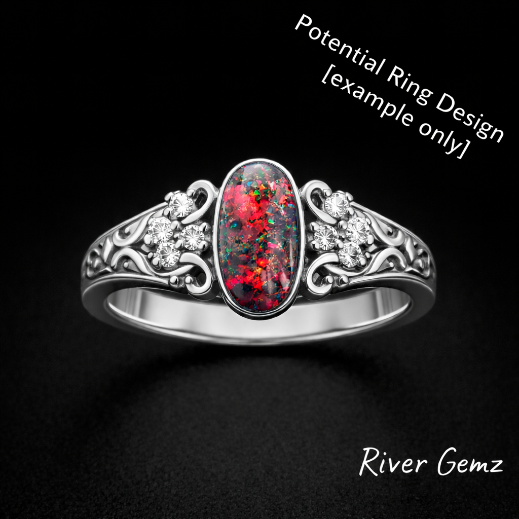 Silver ring with a colorful gemstone on a black background, labeled 'Potential Ring Design' and 'River Gemz'.