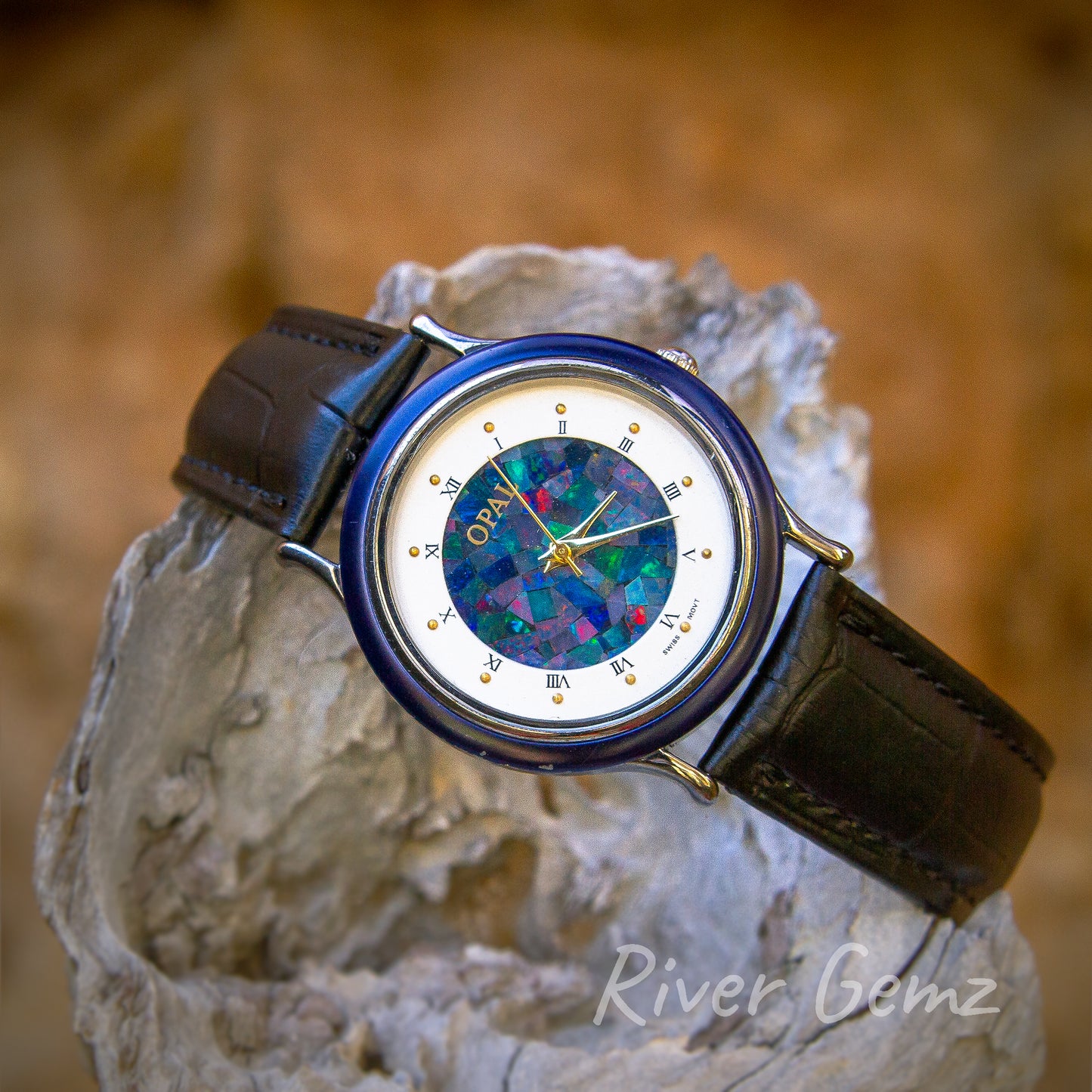 Opal watch with leather band