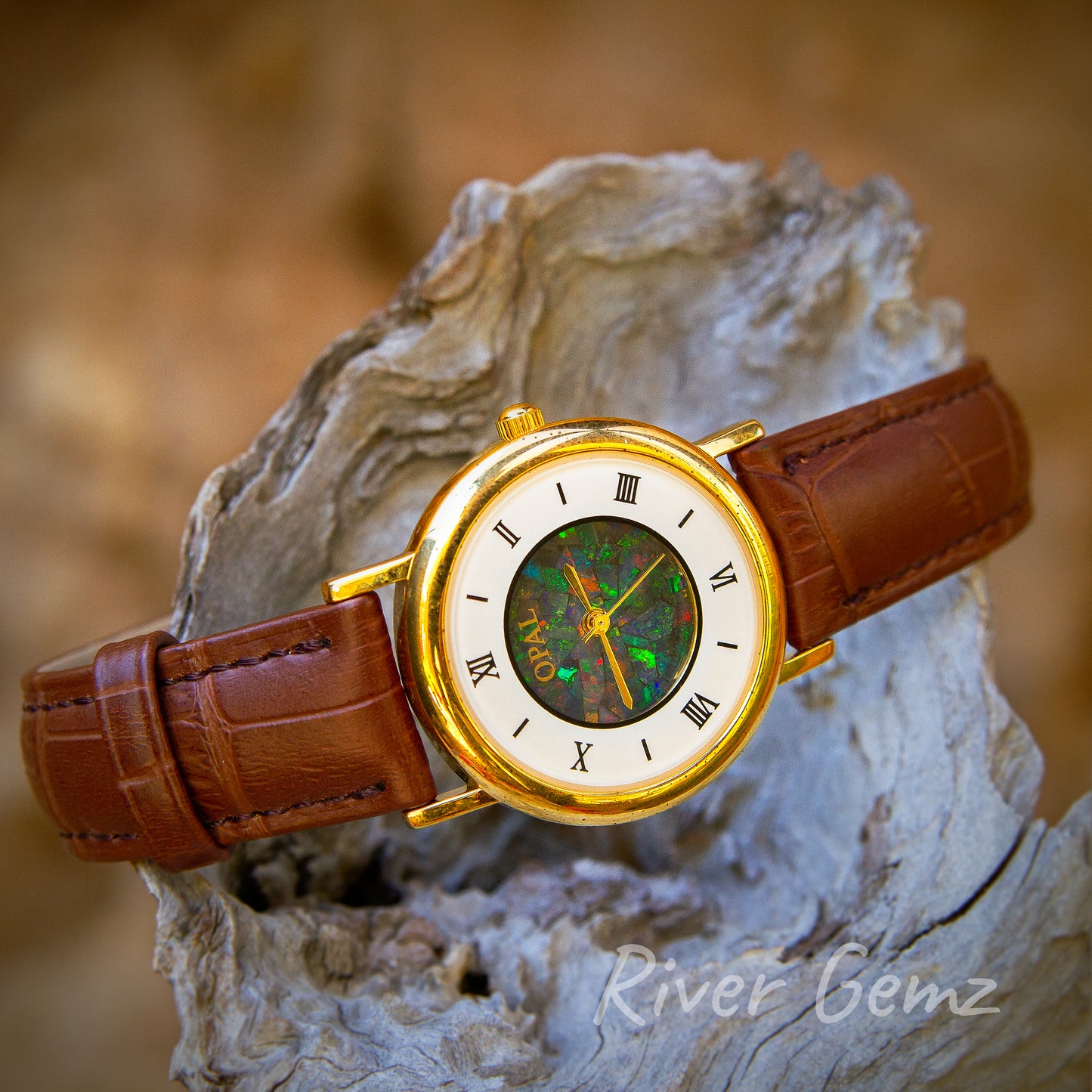 Opal watch with leather band