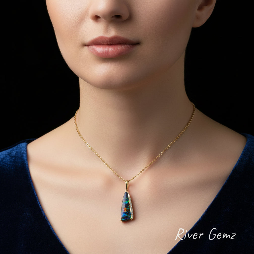 Multi-coloured opal and multiple diamonds necklace worn by a woman wearing blue velvet dress.