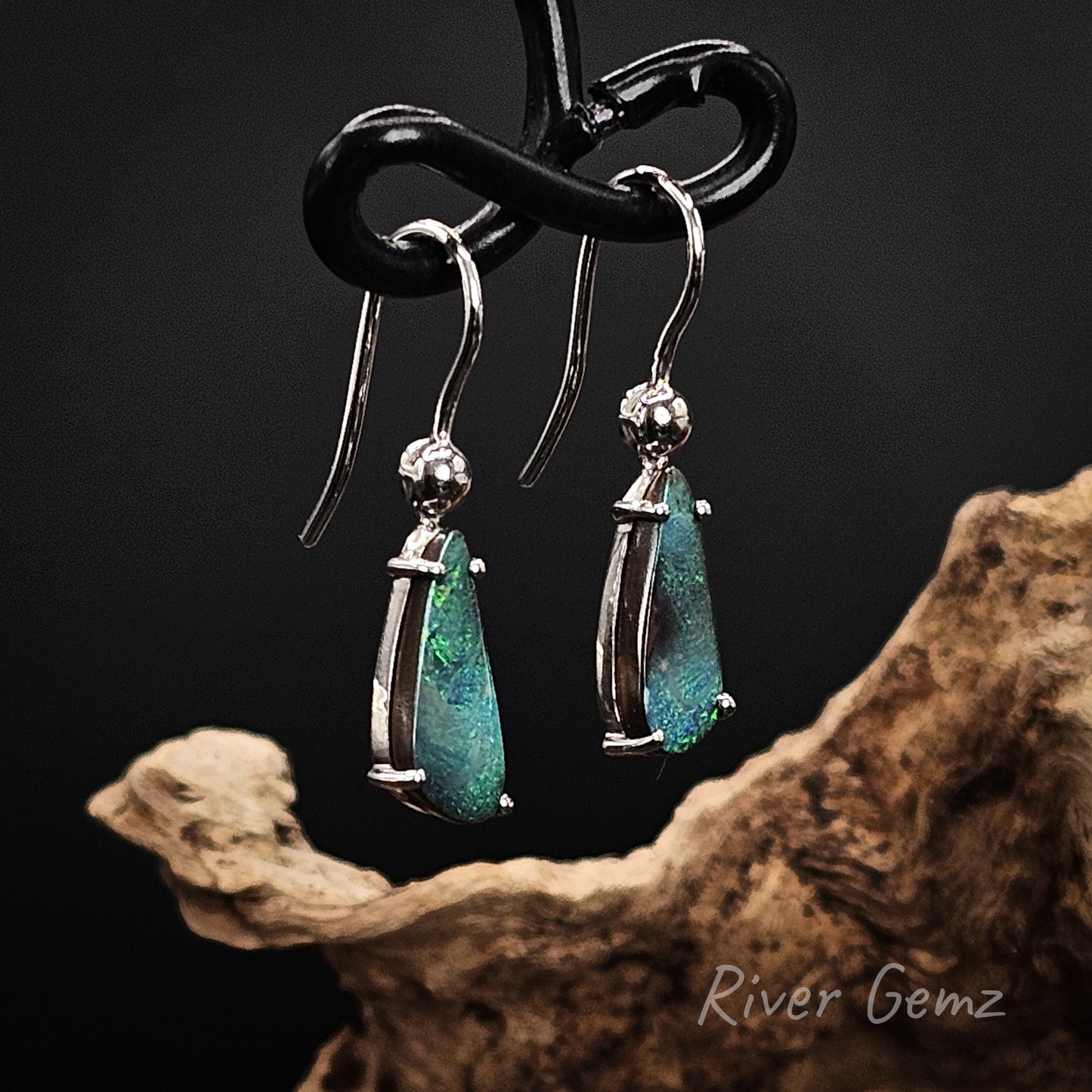 Side view of hooks shows the thickness of the boulder opals.