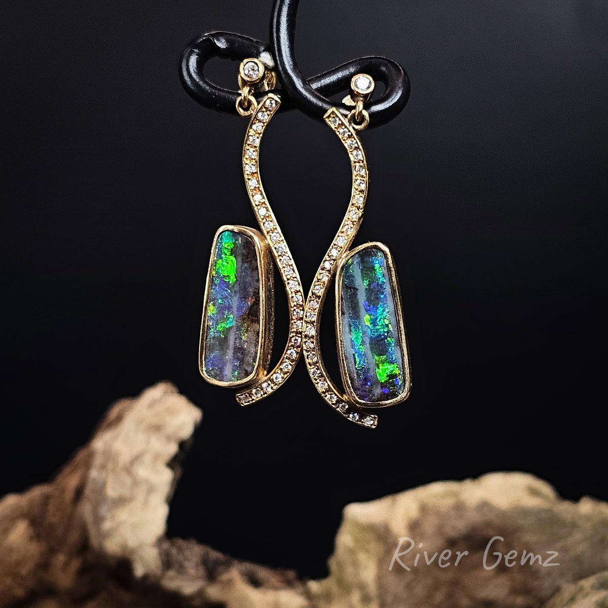 Opalton Boulder Opals and Diamonds in 18K Studs [#639]