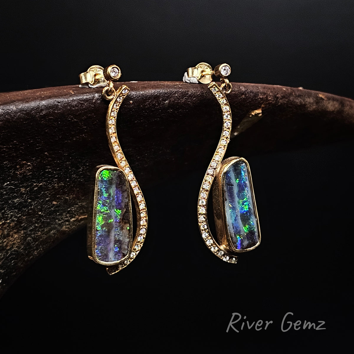 Opalton Boulder Opals and Diamonds in 18K Studs [#639]