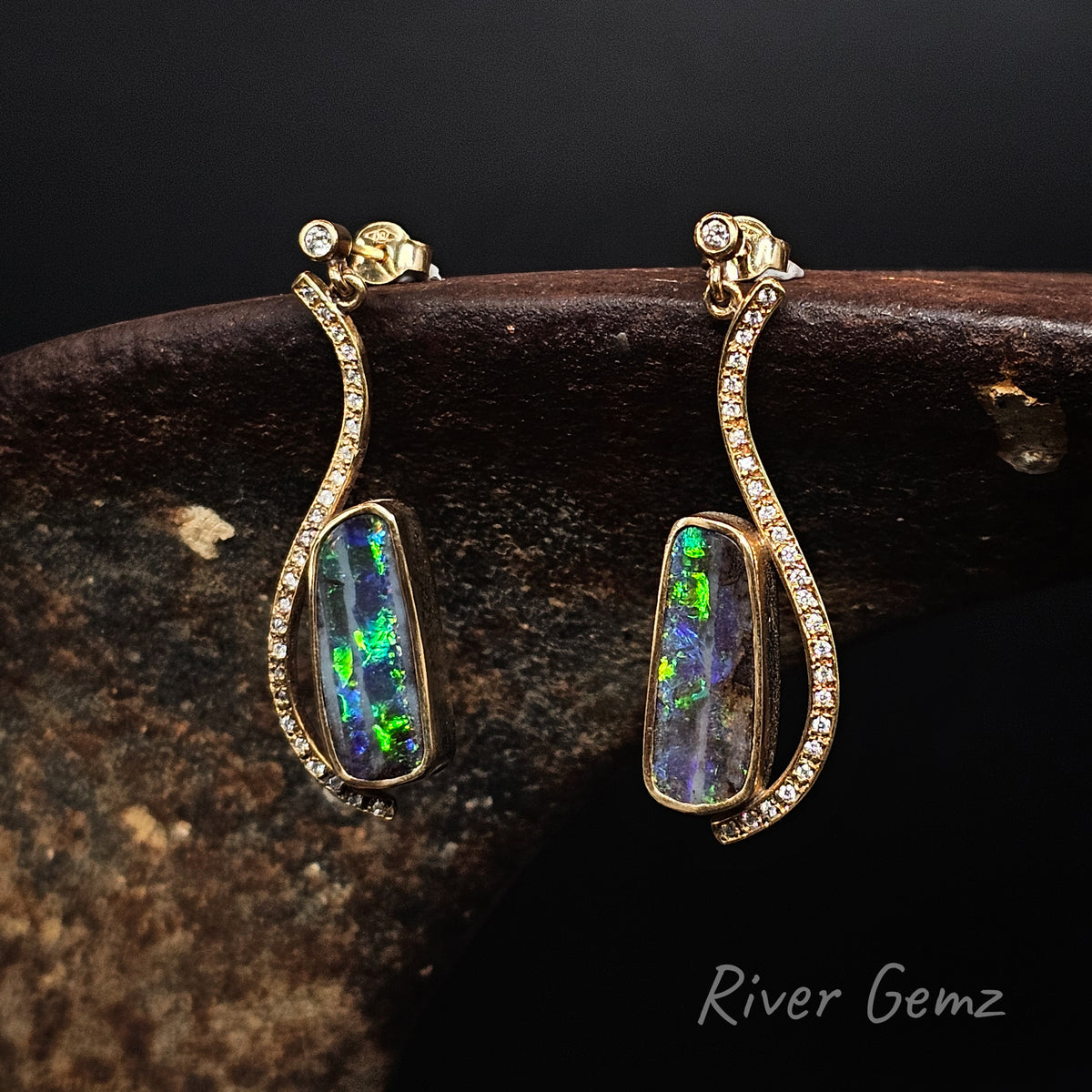 Opalton Boulder Opals and Diamonds in 18K Studs [#639]