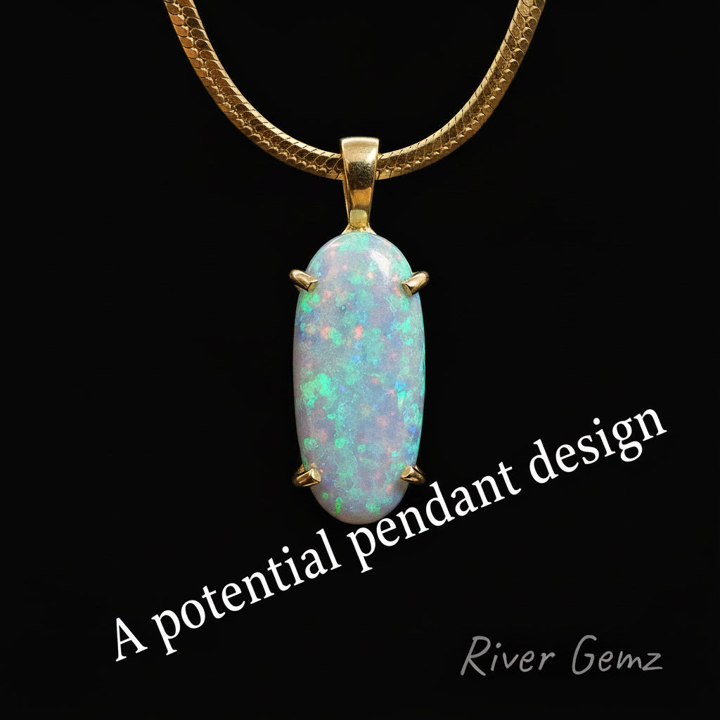 Multicolored opal stone shown in a potential pendant setting on a dark background with 'River Gemz' branding.