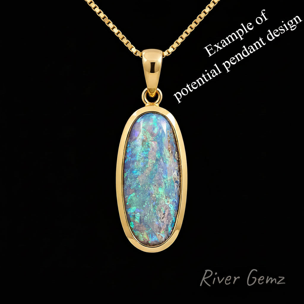 Blue and green unset pipe opal stone shown besel set in a potential pendant design on a dark background with 'River Gemz' branding.