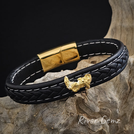 Palmer River gold nugget on white stitched black braided leather bracelet with magnetic gold coloured lock.