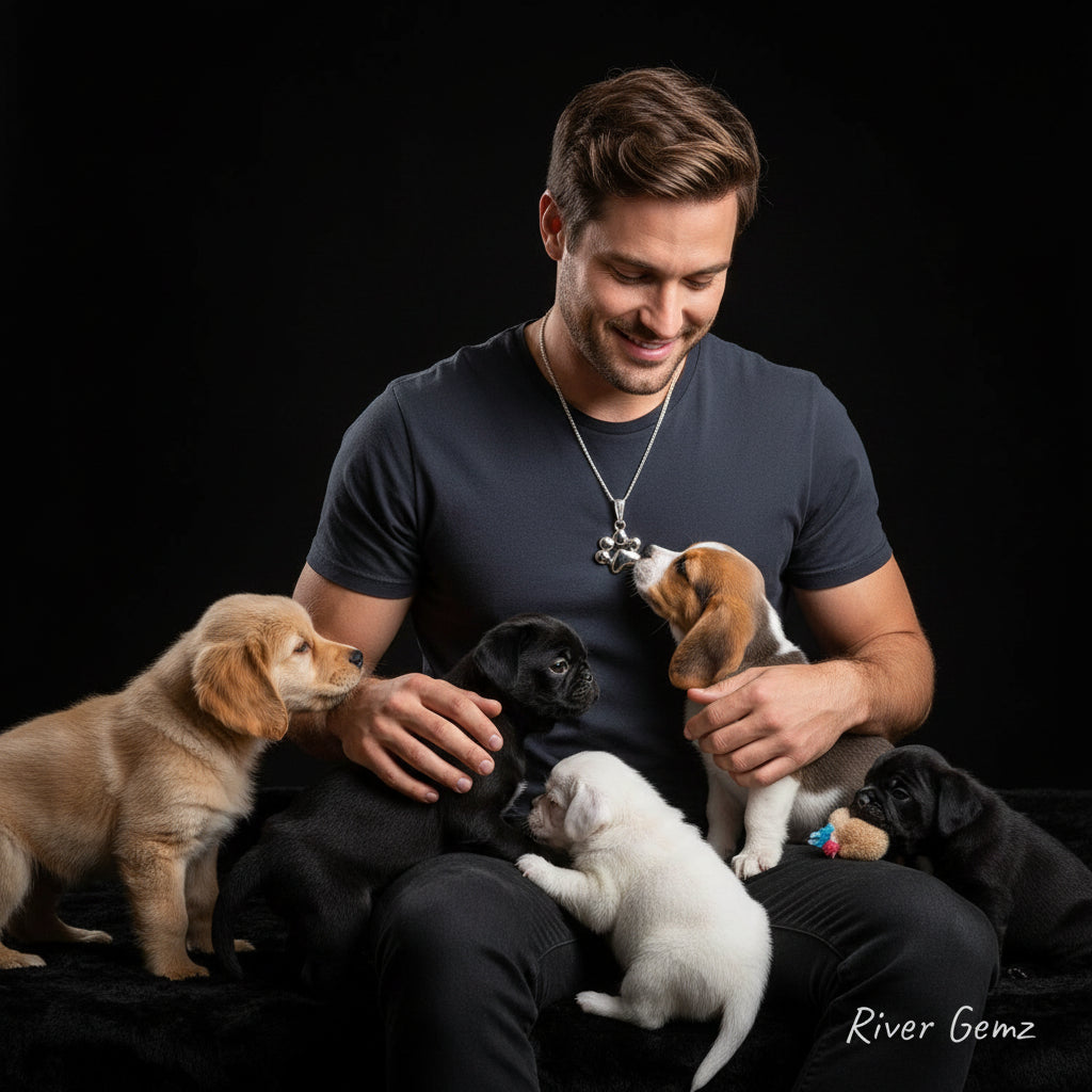 Silver paw print pendant worn by a man who has 5 puppies on his lap with 'River Gemz' branding.