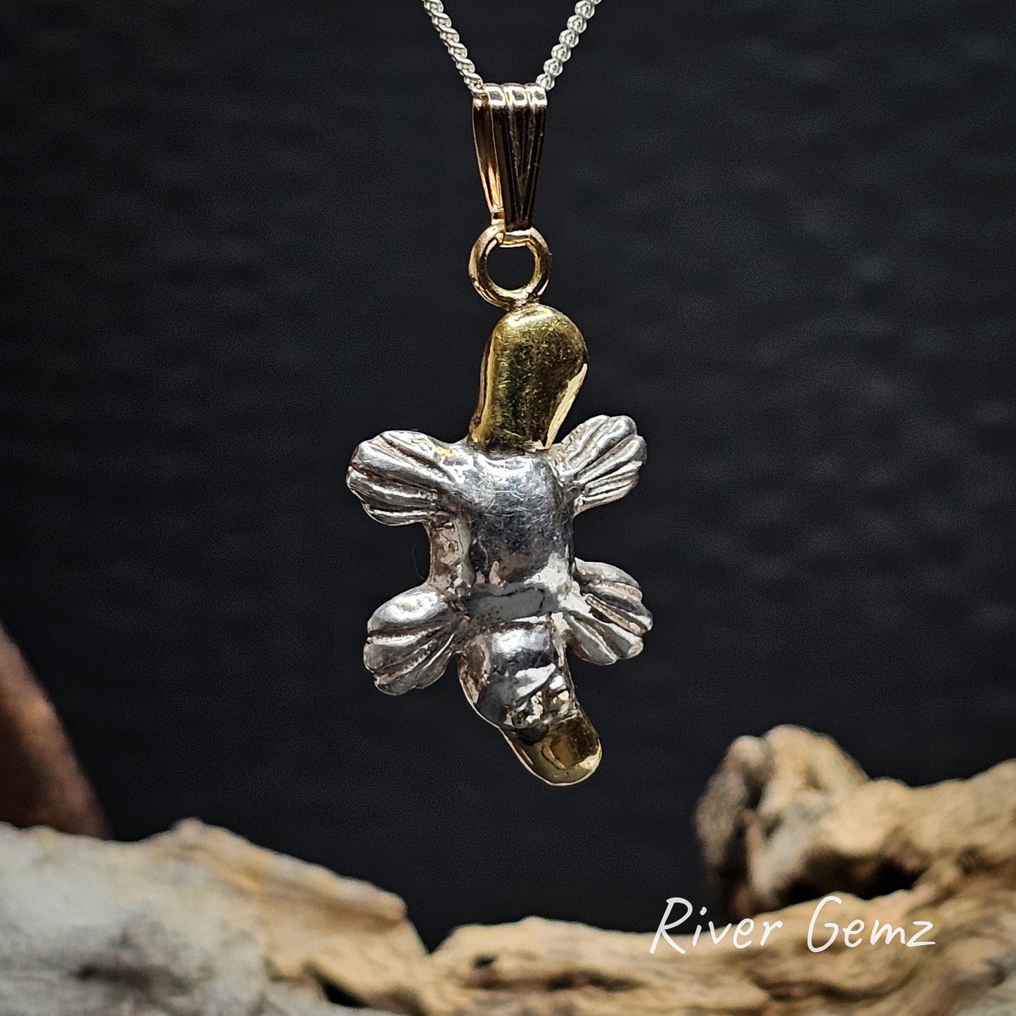 Platypus pendant with silver body and gold tail and bill.