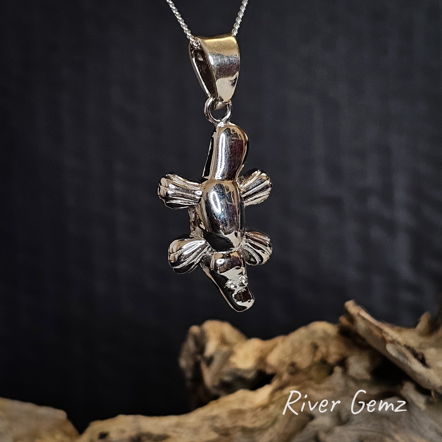 Silver platypus pendant on a dark background with 'River Gemz' branding.