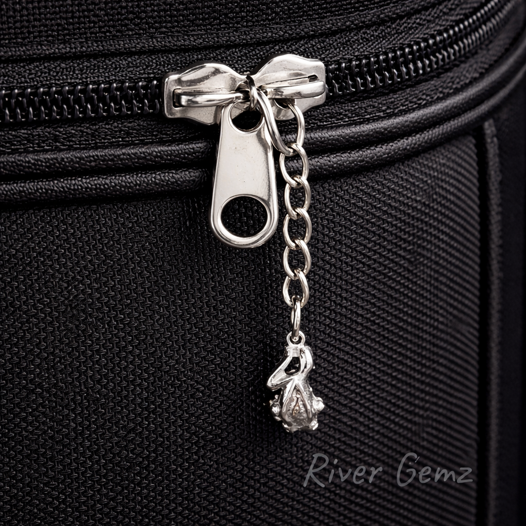 Close-up of a black suitcase with a silver zipper pull featuring a small frog